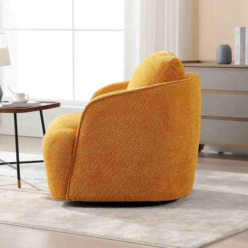 Boucle Fabric Upholstered Swivel Barrel Armchair With Pillow
