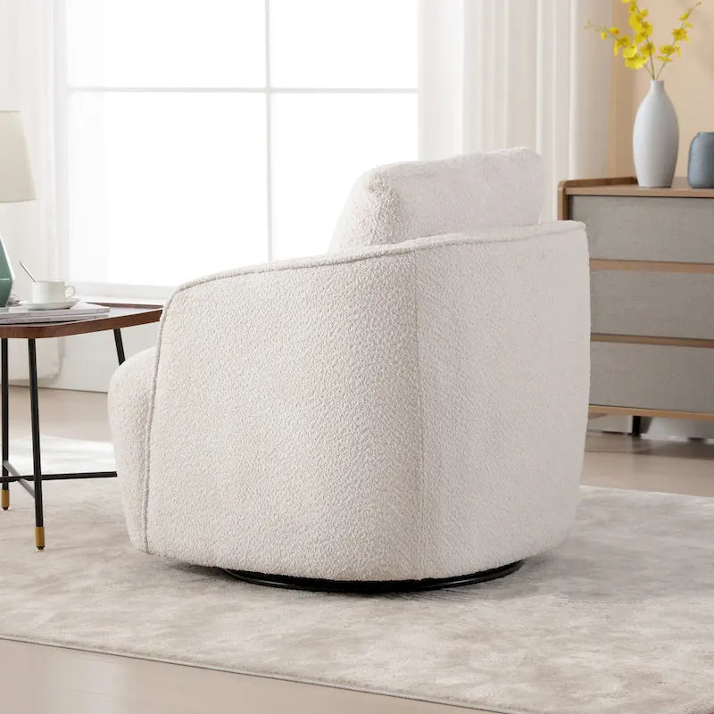 Boucle Fabric Upholstered Swivel Barrel Armchair With Pillow