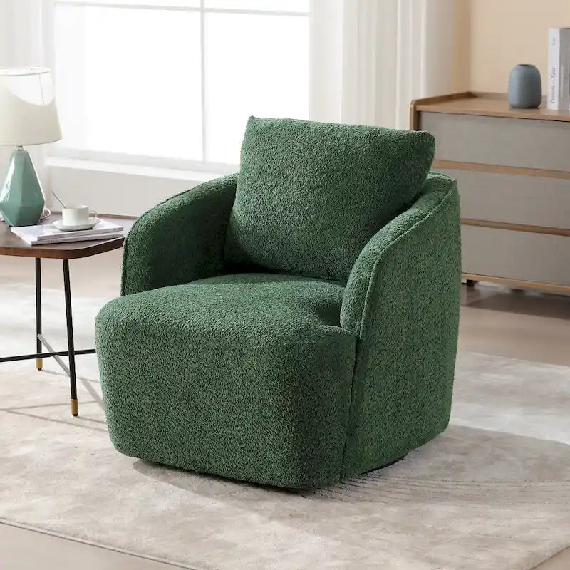 Boucle Fabric Upholstered Swivel Barrel Armchair With Pillow