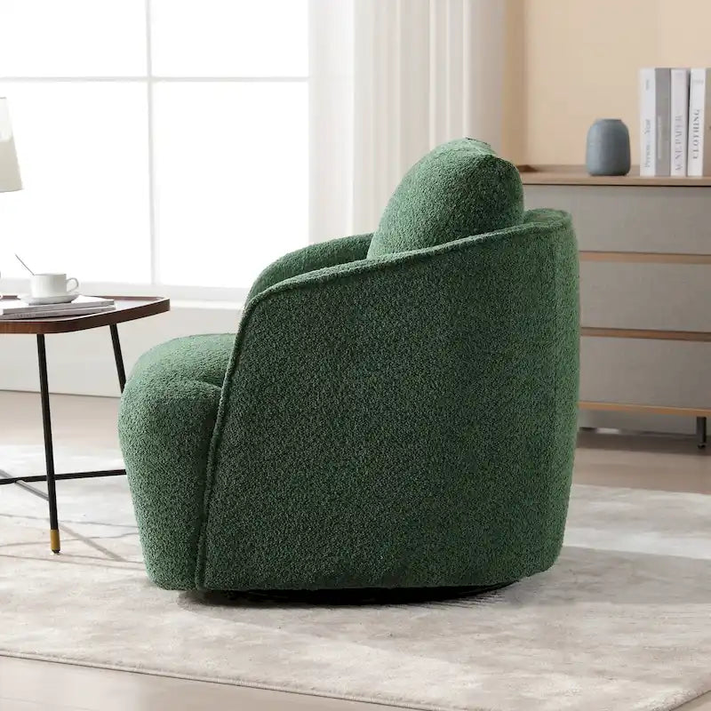Boucle Fabric Upholstered Swivel Barrel Armchair With Pillow
