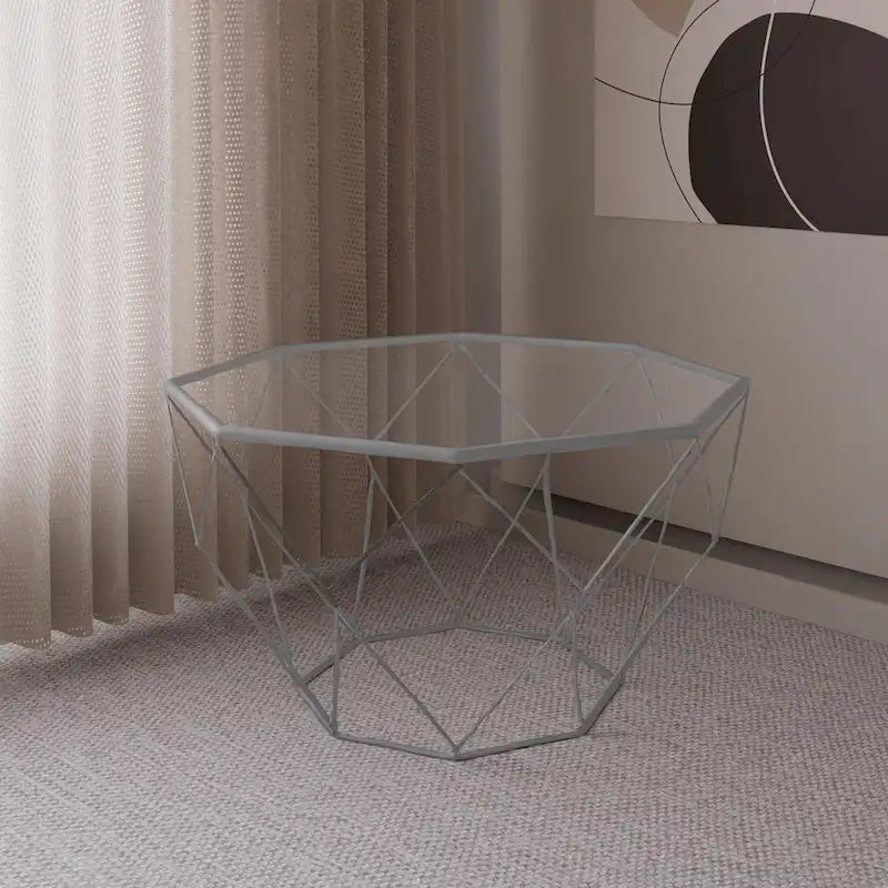 Malibu 29 Modern Octagon Center Coffee Table with Tempered Glass Table top & Sturdy Metal Geometric Base for Living Room Office