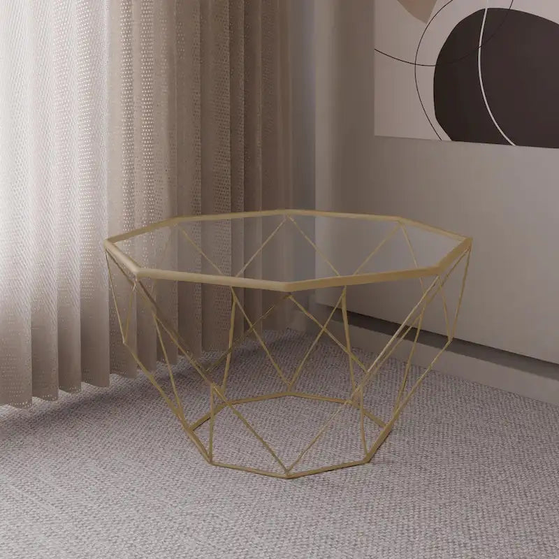 Malibu 29 Modern Octagon Center Coffee Table with Tempered Glass Table top & Sturdy Metal Geometric Base for Living Room Office