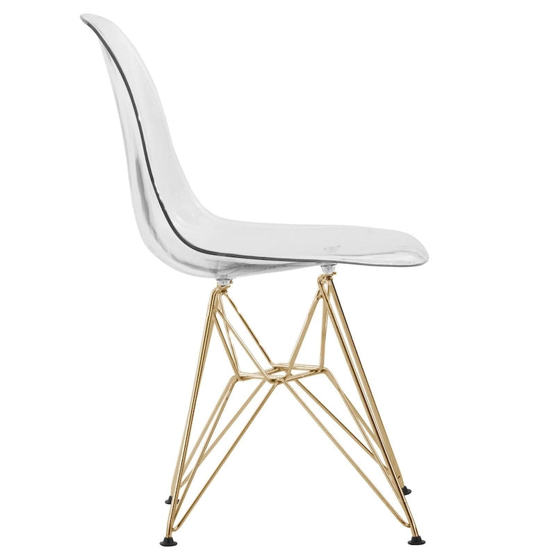 Cresco Kunststoff-Esszimmerstuhl mit Seitenlehne und Eiffel-Gestell in Gold, 2er-Set von LeisureMod