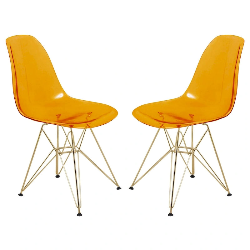 Cresco Kunststoff-Esszimmerstuhl mit Seitenlehne und Eiffel-Gestell in Gold, 2er-Set von LeisureMod