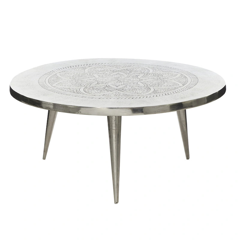 Aluminum Metal Floral Engraved Coffee Table with Tripod Legs - Silver - Roche River Decor - 35Wx35Lx16H