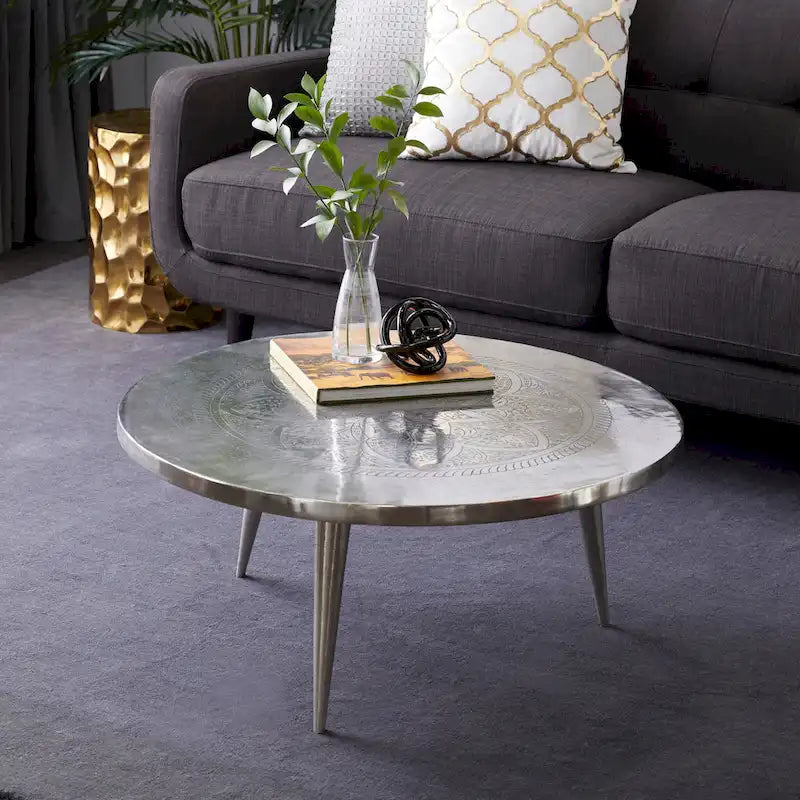 Aluminum Metal Floral Engraved Coffee Table with Tripod Legs - Silver - 35W x 35L x 16H inches