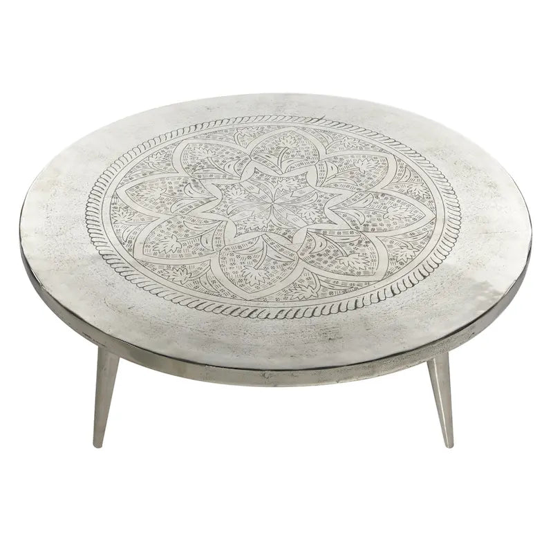 Aluminum Metal Floral Engraved Coffee Table with Tripod Legs - Silver - 35W x 35L x 16H inches