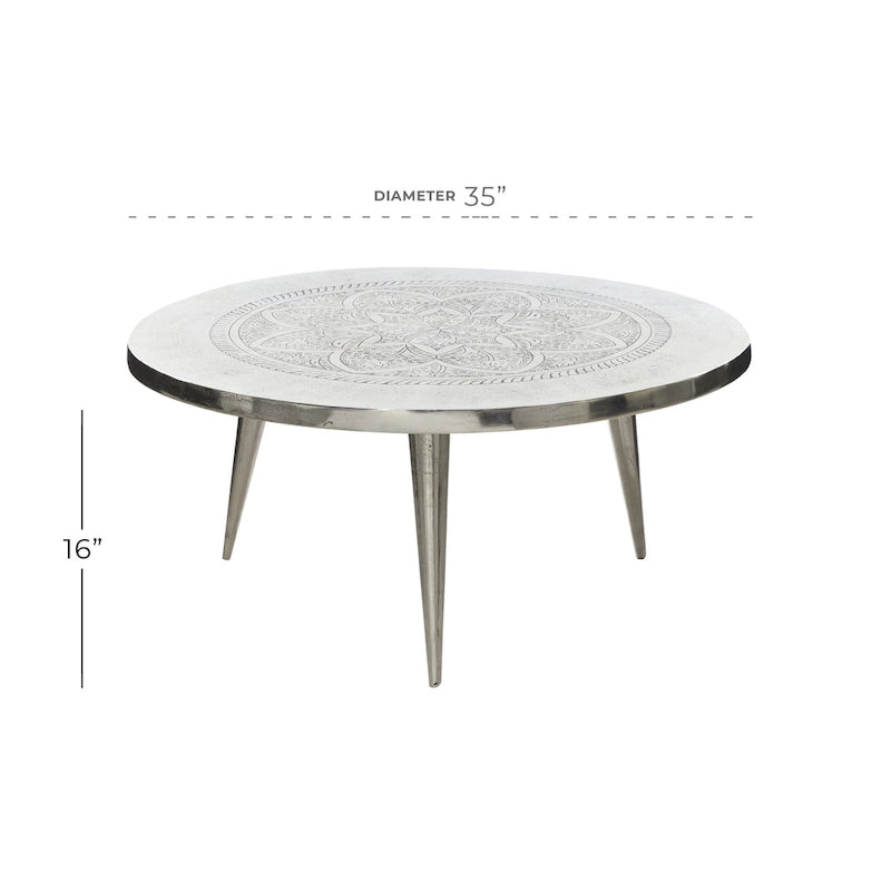 Aluminum Metal Floral Engraved Coffee Table with Tripod Legs - Silver - 35W x 35L x 16H inches