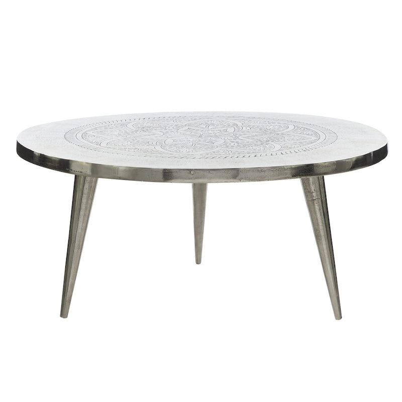 Aluminium metalen salontafel met ingegraveerd bloemmotief en driepootonderstel - zilver - 35W x 35L x 16H inch