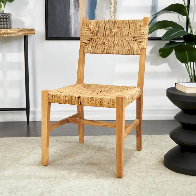 Handgefertigter Akzentsessel aus Teakholz mit Sitzfläche aus geflochtenen Bananenblättern, 2er-Set, hellbraun – Roche River Decor – 23 W x 19 L x 34 H