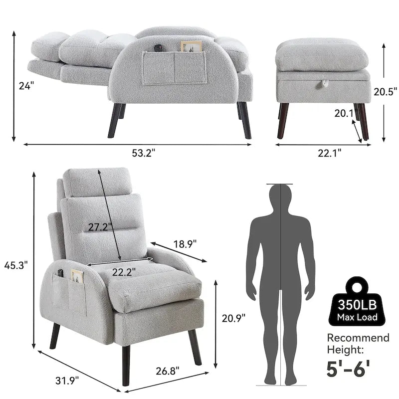 Sillón decorativo tipo lounge HOMYKA con respaldo ajustable y otomana de almacenamiento
