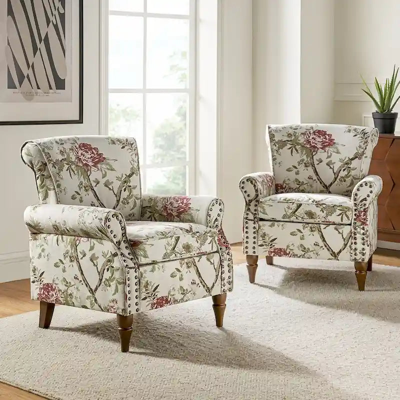 Juego de 2 sillones decorativos tradicionales Nyctelius de poliéster, con estampado y ribete de tachuelas, de HULALA HOME