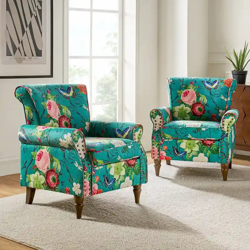 Juego de 2 sillones decorativos tradicionales Nyctelius de poliéster, con estampado y ribete de tachuelas, de HULALA HOME
