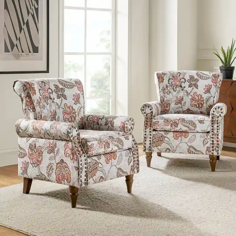 Juego de 2 sillones decorativos tradicionales Nyctelius de poliéster, con estampado y ribete de tachuelas, de HULALA HOME