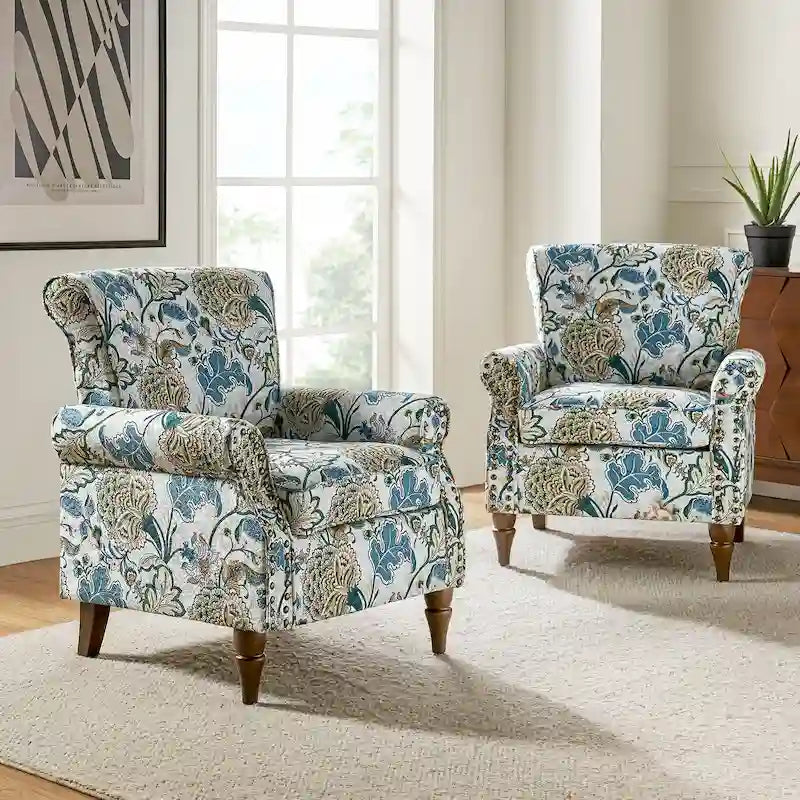 Juego de 2 sillones decorativos tradicionales Nyctelius de poliéster, con estampado y ribete de tachuelas, de HULALA HOME