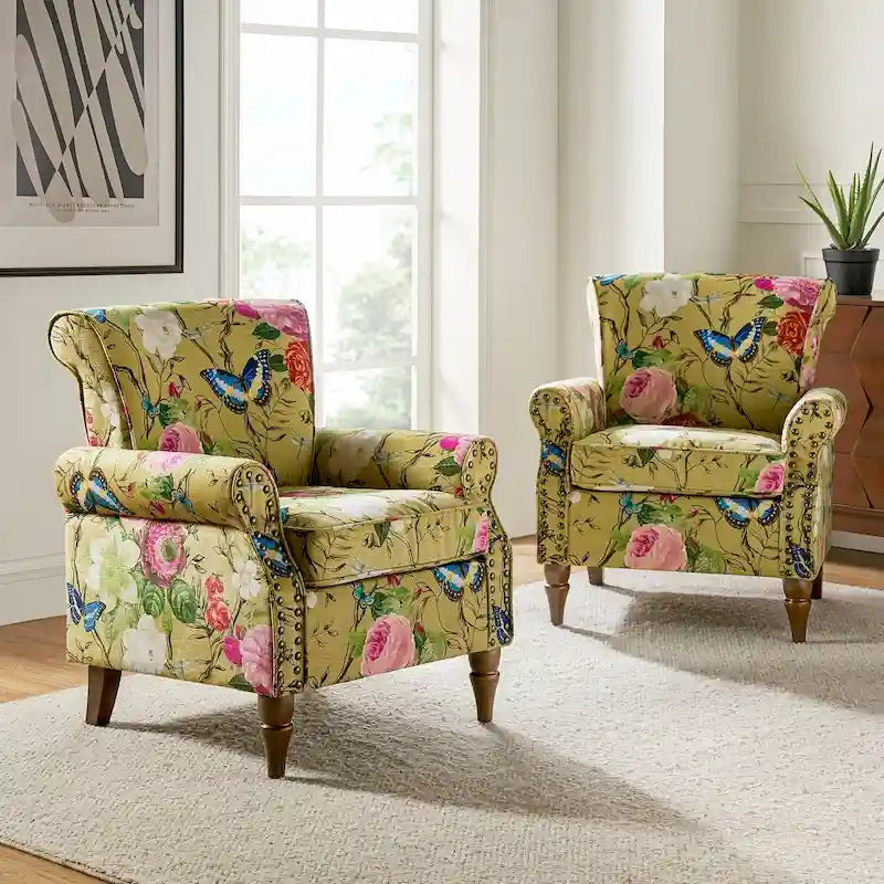 Juego de 2 sillones decorativos tradicionales Nyctelius de poliéster, con estampado y ribete de tachuelas, de HULALA HOME