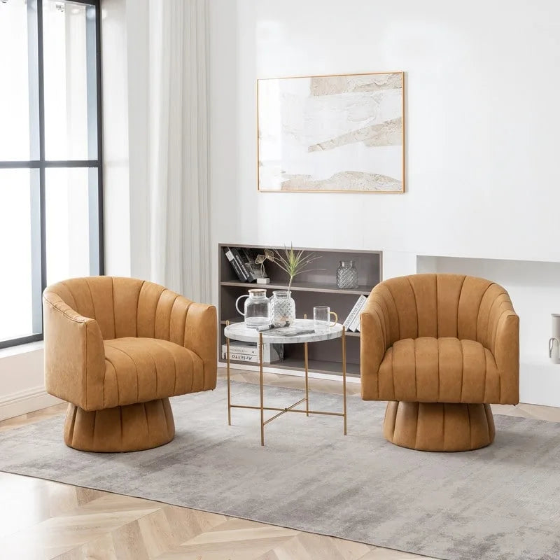 SEYNAR Mid-Century Swivel PU Leather Tufted Round Accent Barrel Chair set of 2