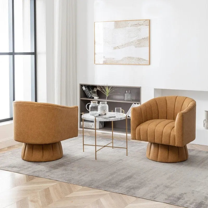 SEYNAR Mid-Century Swivel PU Leather Tufted Round Accent Barrel Chair set of 2