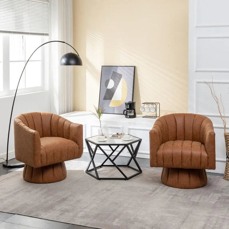 SEYNAR Mid-Century Swivel PU Leather Tufted Round Accent Barrel Chair set of 2