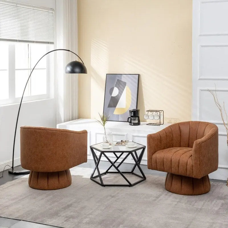 SEYNAR Mid-Century Swivel PU Leather Tufted Round Accent Barrel Chair set of 2