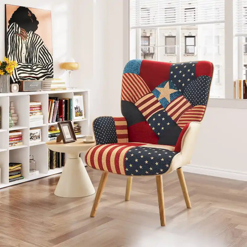 Sillón auxiliar moderno tapizado en lino con patas de madera