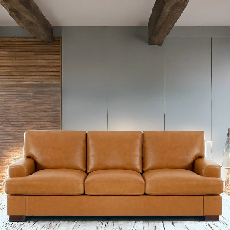Premium Genuine Leather 3-Seater Sofa with Deep Plush Seating and Goose Feather Cushions for Ultimate Comfort