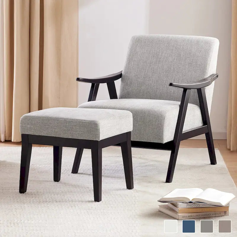 HUIMO Mid-Century-Moderner Armlehnensessel und Hocker, gepolsterter Akzentsessel fürs Wohnzimmer und Schlafzimmer