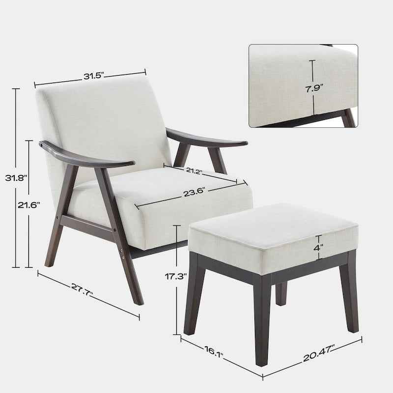 HUIMO Mid-Century-Moderner Armlehnensessel und Hocker, gepolsterter Akzentsessel fürs Wohnzimmer und Schlafzimmer