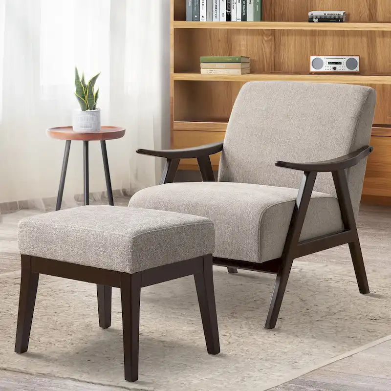 HUIMO Mid-Century-Moderner Armlehnensessel und Hocker, gepolsterter Akzentsessel fürs Wohnzimmer und Schlafzimmer