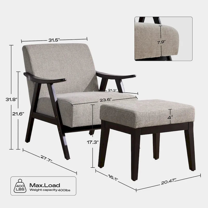HUIMO Mid-Century-Moderner Armlehnensessel und Hocker, gepolsterter Akzentsessel fürs Wohnzimmer und Schlafzimmer