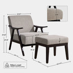 HUIMO Mid-Century-Moderner Armlehnensessel und Hocker, gepolsterter Akzentsessel fürs Wohnzimmer und Schlafzimmer