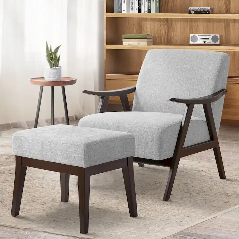 HUIMO Mid-Century-Moderner Armlehnensessel und Hocker, gepolsterter Akzentsessel fürs Wohnzimmer und Schlafzimmer
