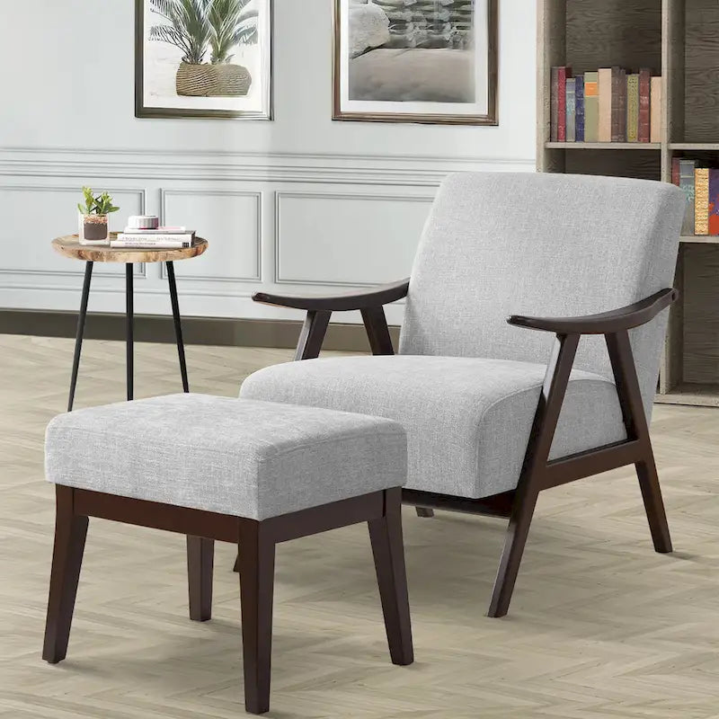 HUIMO Mid-Century-Moderner Armlehnensessel und Hocker, gepolsterter Akzentsessel fürs Wohnzimmer und Schlafzimmer