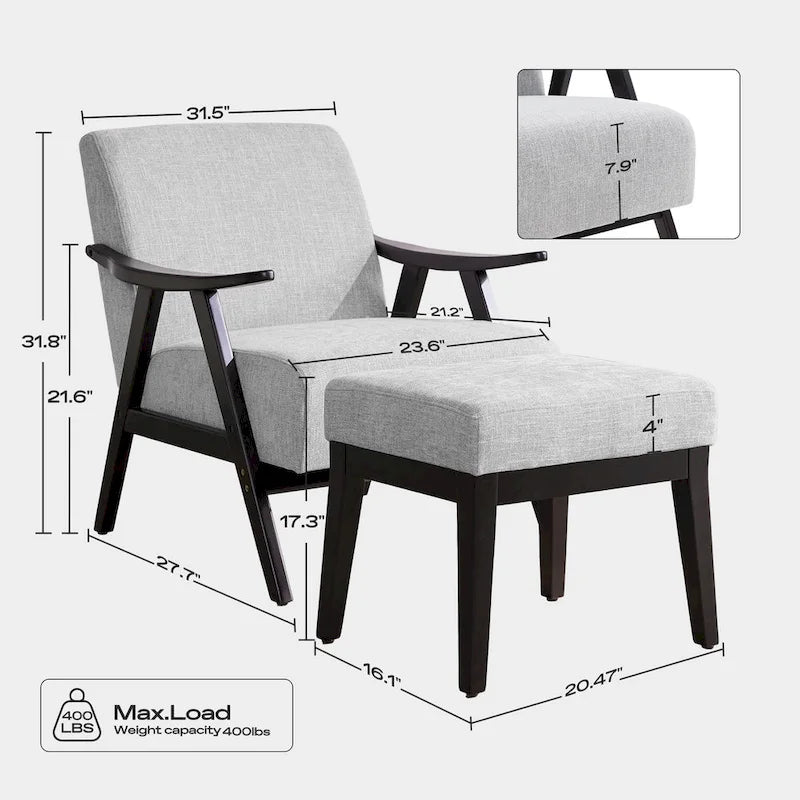 HUIMO Mid-Century-Moderner Armlehnensessel und Hocker, gepolsterter Akzentsessel fürs Wohnzimmer und Schlafzimmer