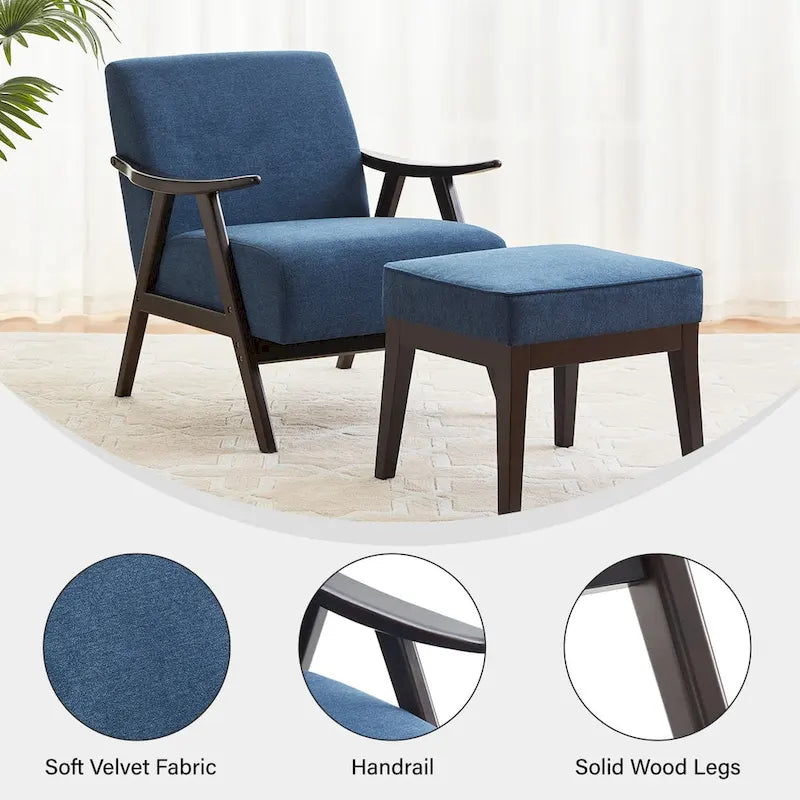 HUIMO Mid-Century-Moderner Armlehnensessel und Hocker, gepolsterter Akzentsessel fürs Wohnzimmer und Schlafzimmer