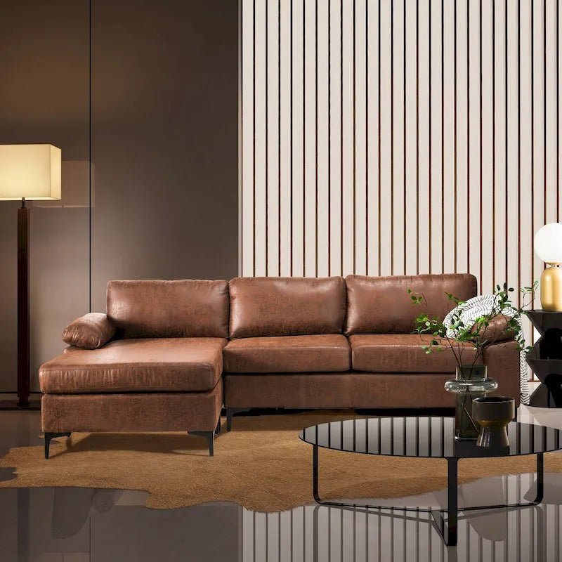 Reversible Chaise Sofa With Fluffy Cushions Metal Legs
