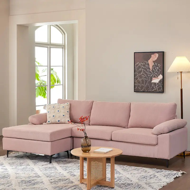 Reversible Chaise Sofa With Fluffy Cushions Metal Legs