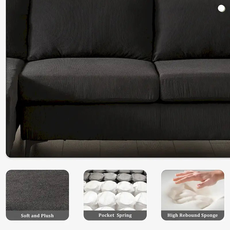 Reversible Chaise Sofa With Fluffy Cushions Metal Legs