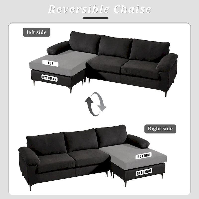 Reversible Chaise Sofa With Fluffy Cushions Metal Legs