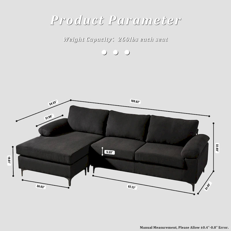 Reversible Chaise Sofa With Fluffy Cushions Metal Legs