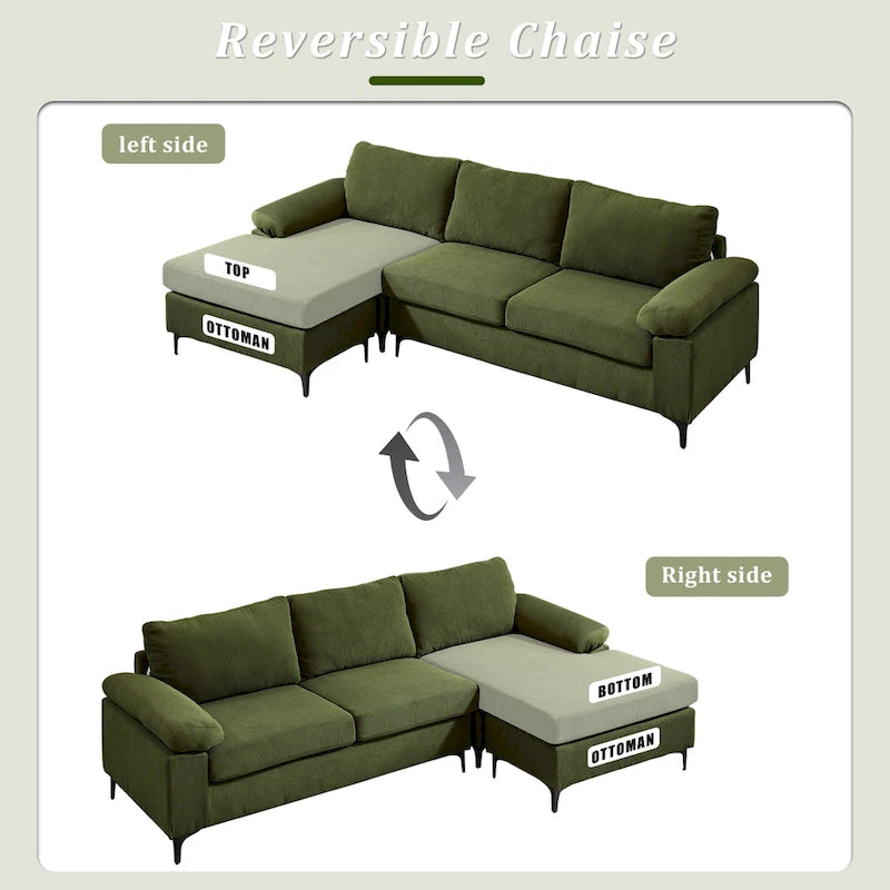 Reversible Chaise Sofa With Fluffy Cushions Metal Legs