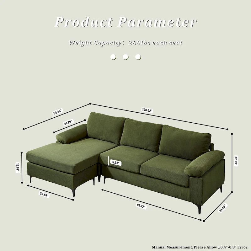 Reversible Chaise Sofa With Fluffy Cushions Metal Legs