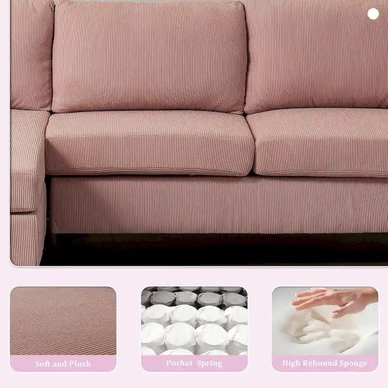 Reversible Chaise Sofa With Fluffy Cushions Metal Legs