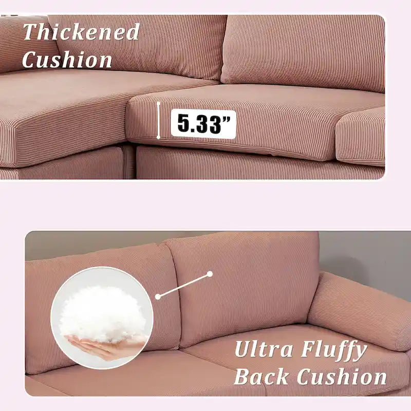 Reversible Chaise Sofa With Fluffy Cushions Metal Legs