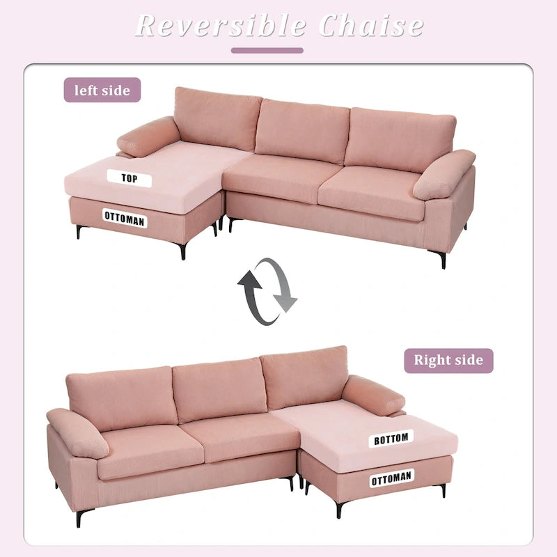 Reversible Chaise Sofa With Fluffy Cushions Metal Legs