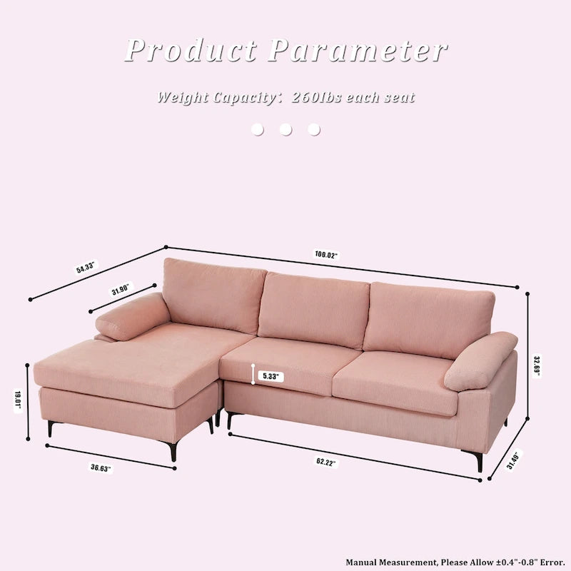Reversible Chaise Sofa With Fluffy Cushions Metal Legs