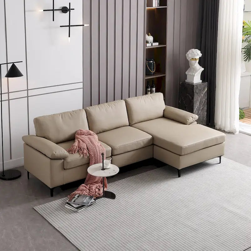 Reversible Chaise Sofa With Fluffy Cushions Metal Legs