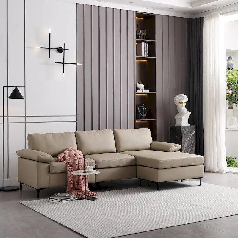 Reversible Chaise Sofa With Fluffy Cushions Metal Legs