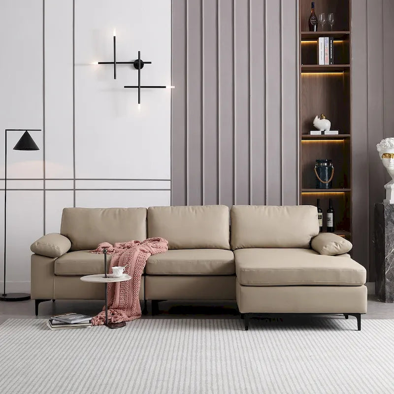 Reversible Chaise Sofa With Fluffy Cushions Metal Legs