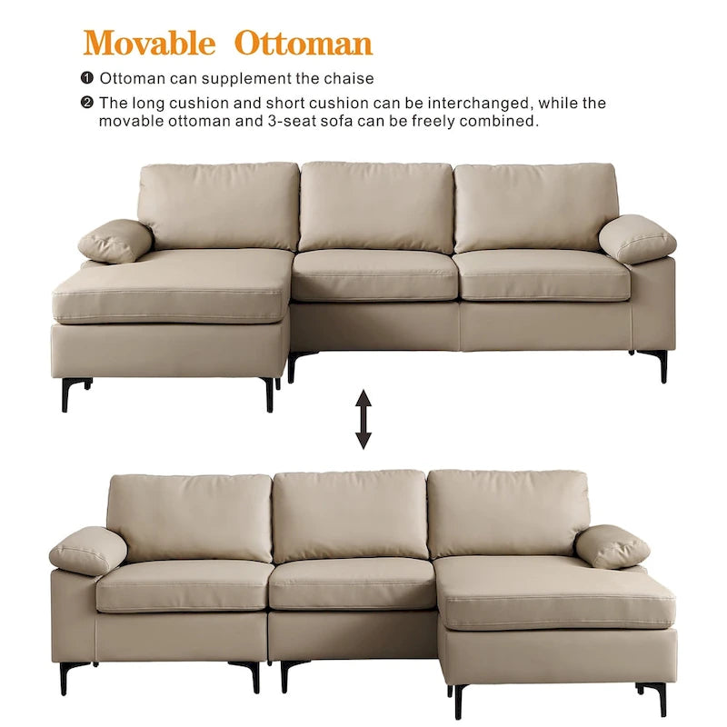 Reversible Chaise Sofa With Fluffy Cushions Metal Legs